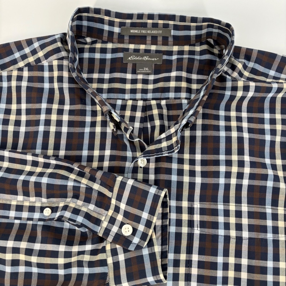 Eddie Bauer Button Down Shirt Mens 2XL Navy Brown Plaid Wrinkle Free Relaxed